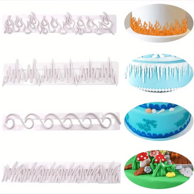 4pcs/Set Cookie Fondant Pastry Cutters Grass Waves Fire Ice Shape Cake Around Decor, Embossed Strips Fondant Cake Baking Set