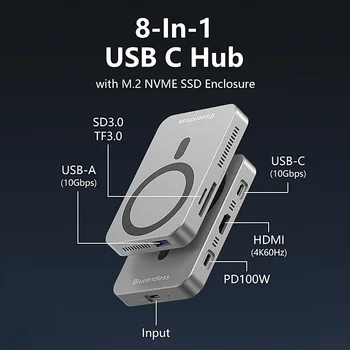 8 in 1 USB C Hub with 100W PD Charging NVME M2 SSD Enclosure USB 3.2 Multifunction Adapter Docking Station 1