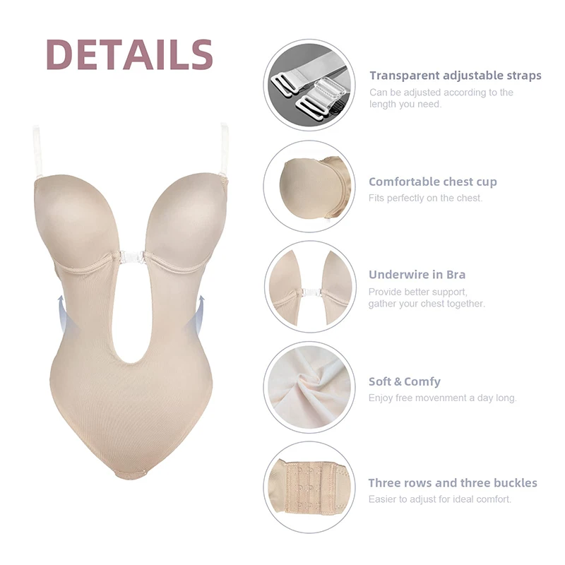 Backless Underwear for Women U Plunge Thong Strapless Bra Push Up Shaper Invisible Corset Deep V-Neck Sexy Bodysuit Open Crotch