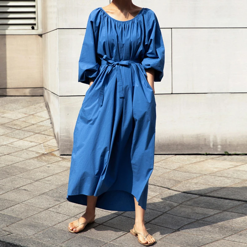 

Johnature New Korean Version Loose Retro Puff Sleeve Dresses Women 2024 Summer O-neck Loose Solid Color Bandage Dresses