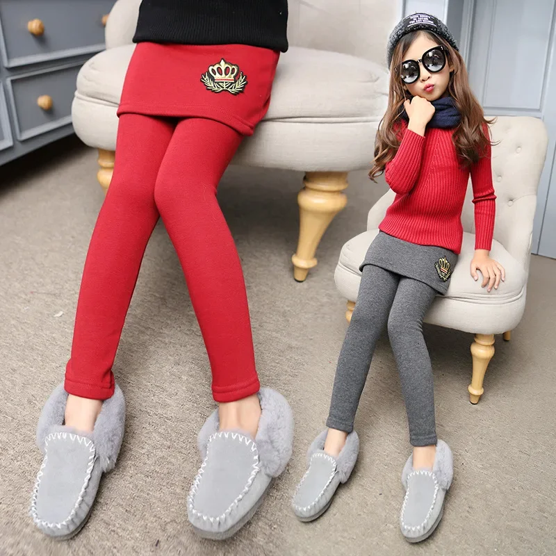Leggings for Girls Winter Pants Kids Pants Girls Winter Leggings Fleece Warm False Two Pieces Culotte Children Divided Skirt