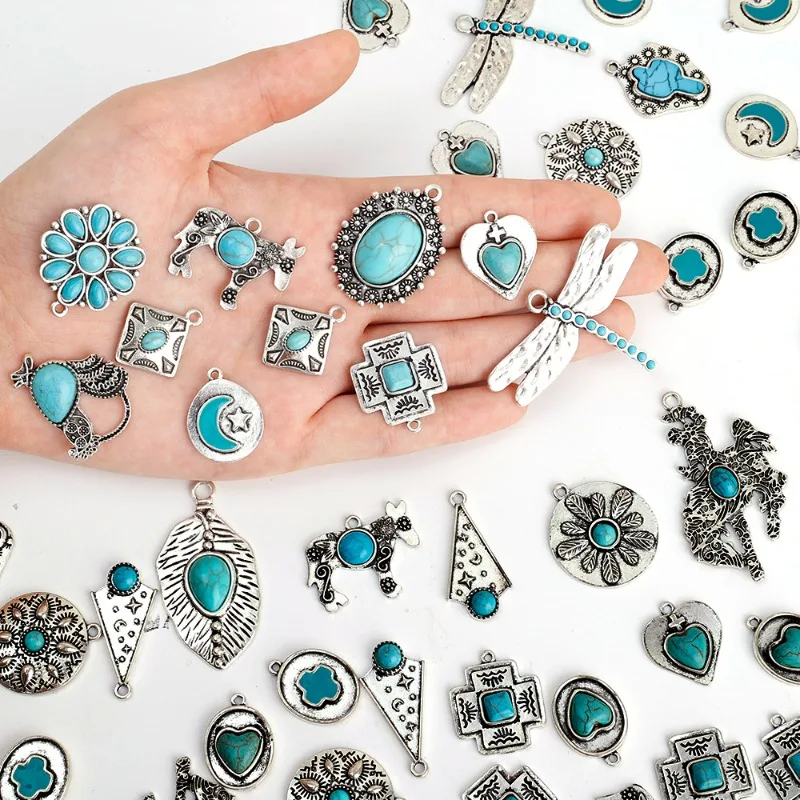 

50 шт. подвески из сплава патины в богемном стиле, круглые антикварные медные Подвески с зелеными и синими цветами в форме сердца, самодельные серьги, ожерелье, ювелирные изделия