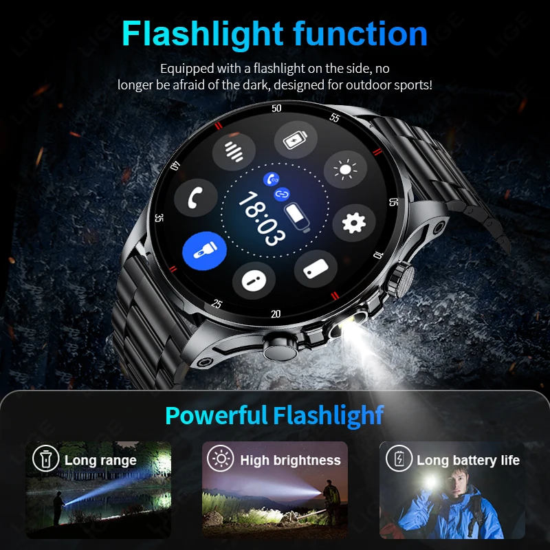 LIGE New Men Smart Watch LED Flashlight 1.53" HD Screen AI Voice Bluetooth Call Sports Watches Health Monitor Smartwatch Women