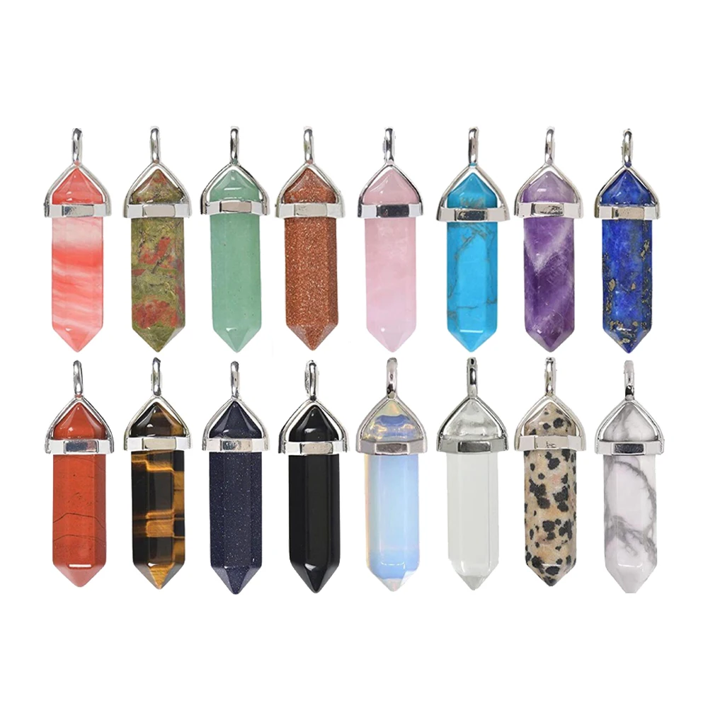 50PCS Natural Gemstone Hexagonal Bullet Point for Making Jewelry Meditation Healing Chakra Pointed Stone Pendants Necklace
