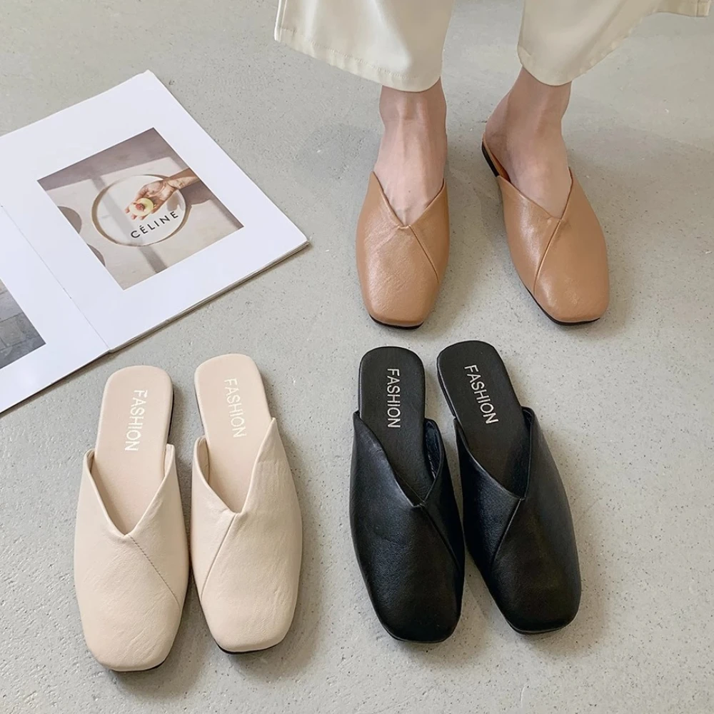 Women Mules Summer Elegant Square Closed Toe Flat Slippers Female Casual Leather Elegant Comfortable Slides Plus Size 35-43 1