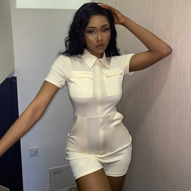 

LEOSD Solid Turn Down Collar Pocket Playsuit Women Summer Skinny Y2K Cargo Jumpsuit Streetwear Rompers Women Clothing