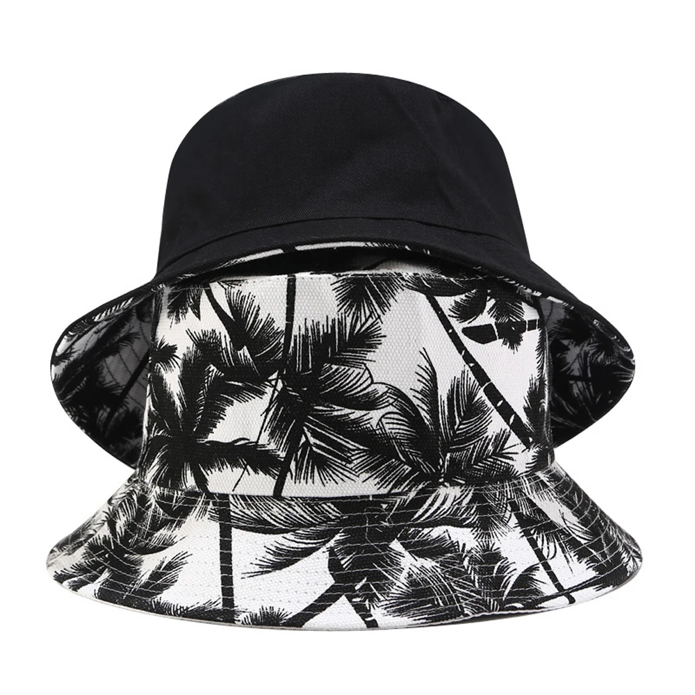  - 2022 New Unisex Fashion Summer Reversible Black White Coconut Tree Printed Fisherman Caps Bucket Hats Gorro Pescador Men Women