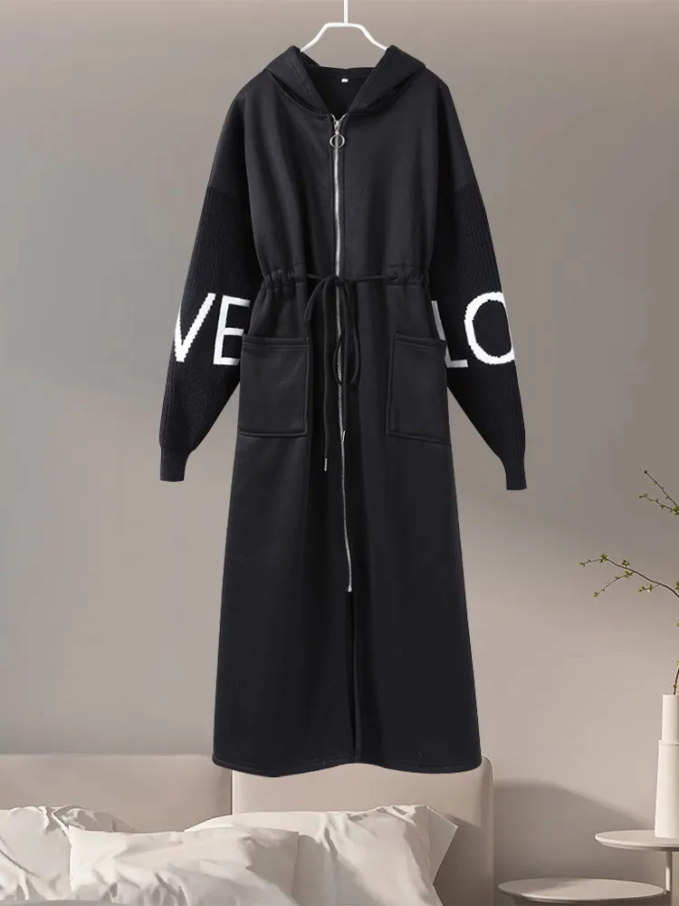 Long Coats Women Solid Casual Hoodies Lace Up letter Long sleeves Pockets Female Top 2024 Autumn Winter Eleagnt Lady Outerwears 5