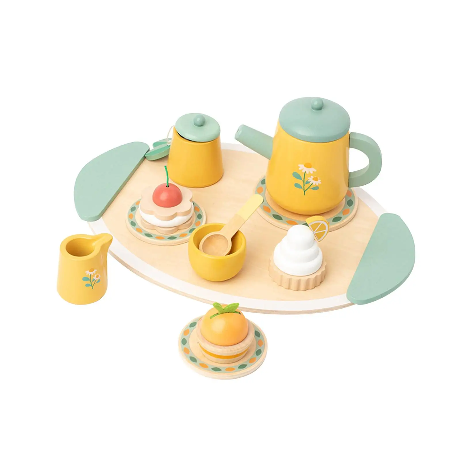 Wooden Tea Set Toys Mini Teapot Plates Playset Princess Playset Miniature Tea Set Cake Toys for Children Birthday Gift