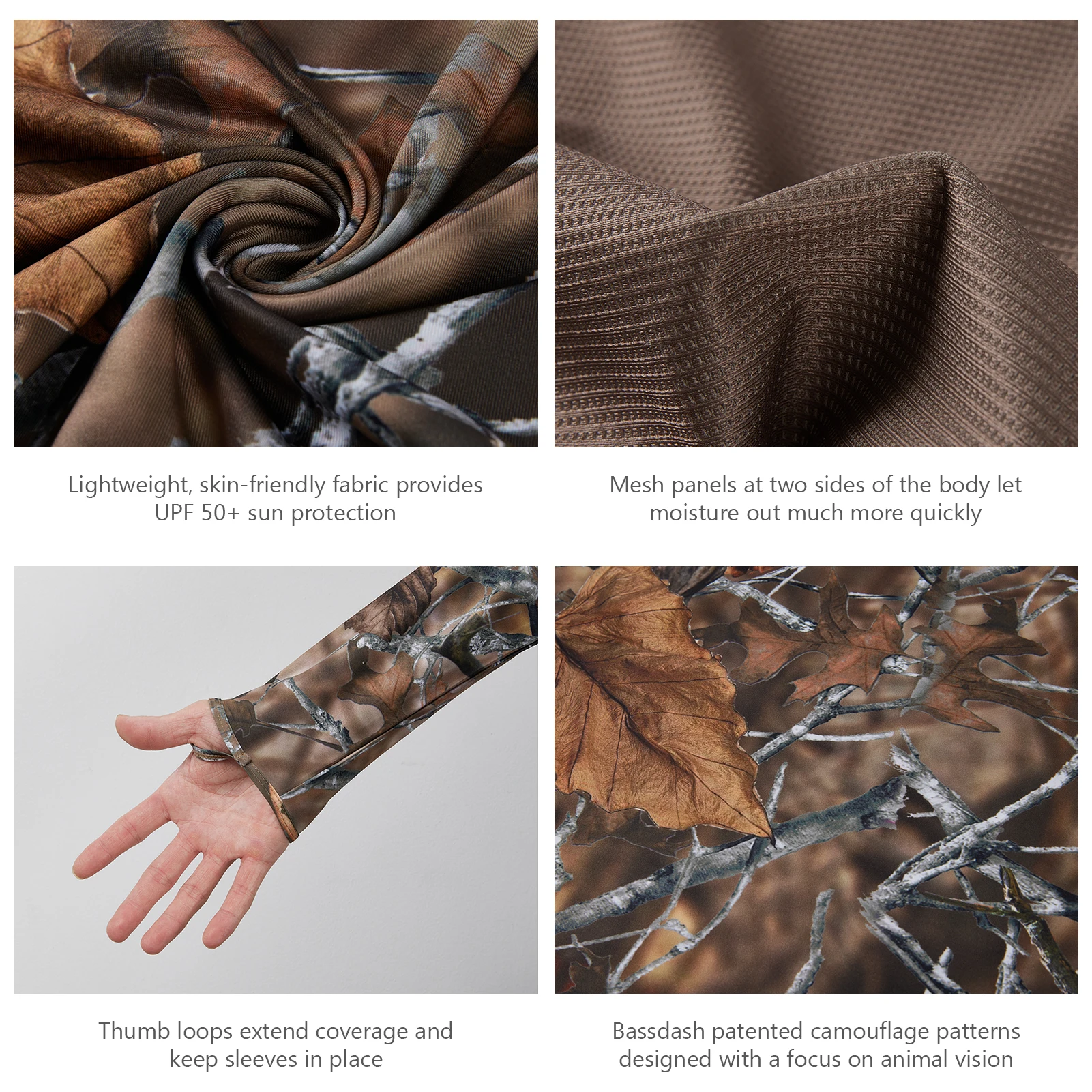 BASSDASH 남성용 UPF 50 + 경량 사냥 카모 후디, 빠른 건조 성능, 긴 소매 낚시 셔츠, 후드 FS30M