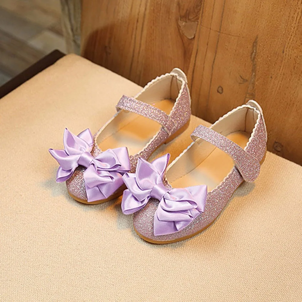 New Children PU Nubuck Leather Shoes Sequins Bow Princess Girls Party Dance Shoes Baby Student Flats Kids Performance