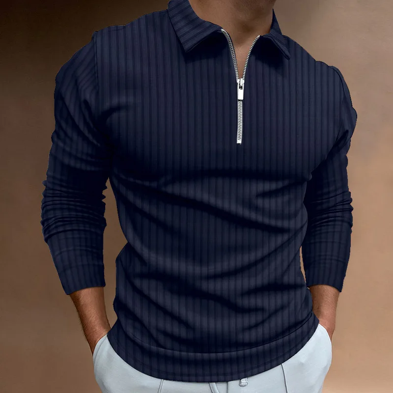 Нов есенен стил мъжка поло риза с дълъг ръкав и цип с вертикални райета