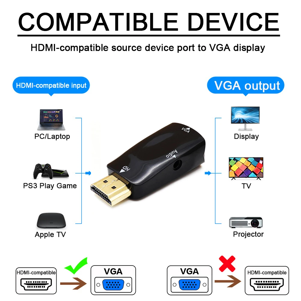 HDMI to VGA Adapter Cable VGA Cable Adapter VGA to HDMI Converter Audio Conversion Cable HDMI-compatible to VGA Cable Converter Male To Famale 3.5mm Jack Audio Full HD 1080P For TV PC Laptops Tablet