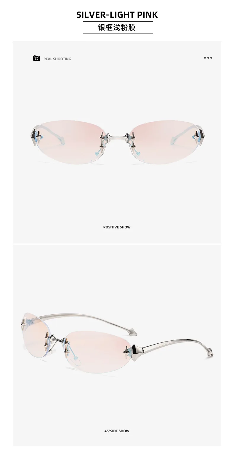 Vintage randlose rosa Spiegel Y2K Sonnenbrille für Frauen neue Mode Legierung Stern Nieten Sonnenbrille Damen Hip Hop sexy Farbtöne fahren – Detail 11