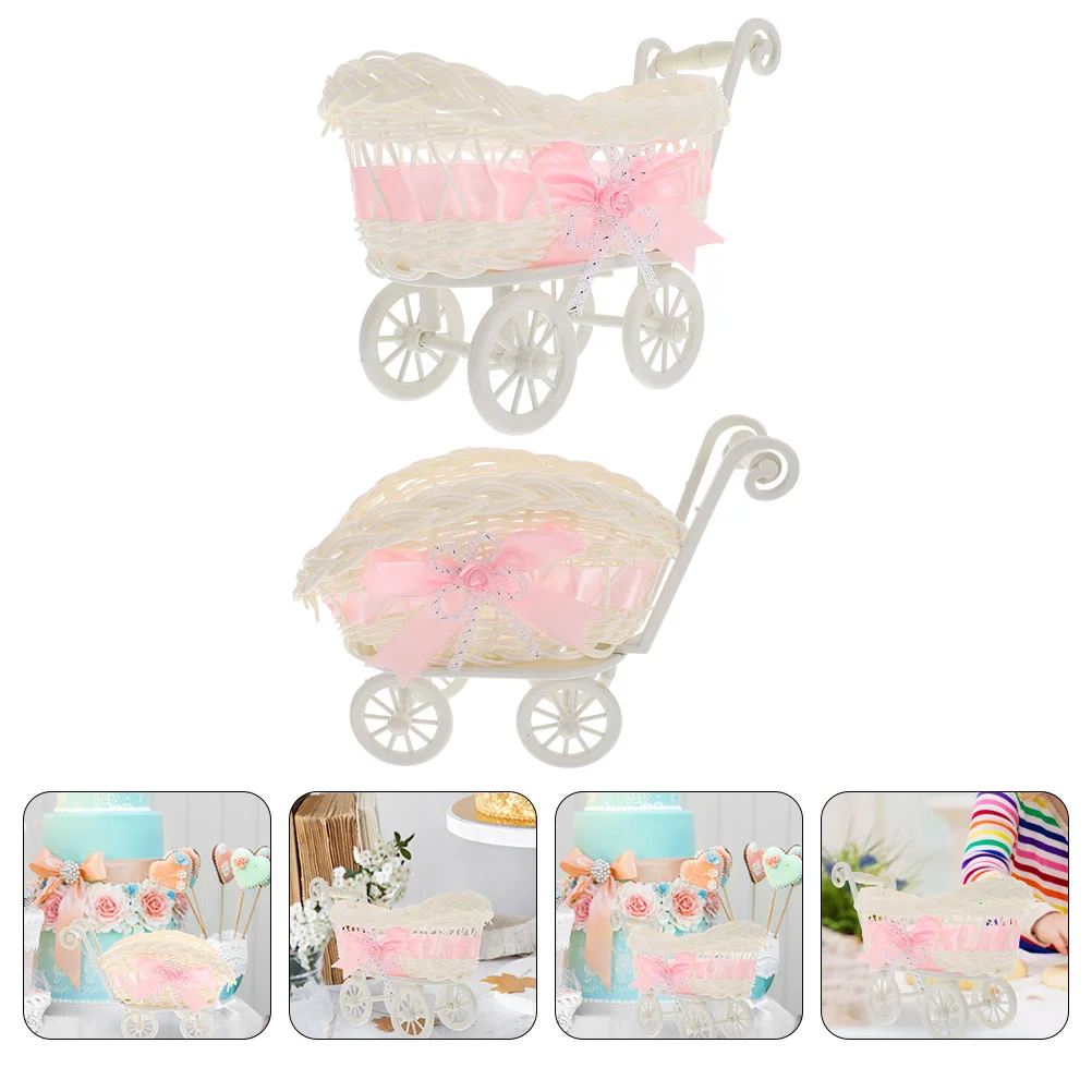 

2 Pcs Stroller Wagon Party Woven Baskets Home Use Storage Flower Pink Wedding Candy Favors Baby
