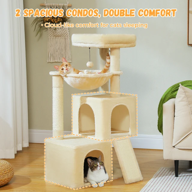 40 Inch Cat Tree Tower With Metal Frame Hammock & Scratching Posts - Large Cat Condo With Perch For Indoor Cats, White