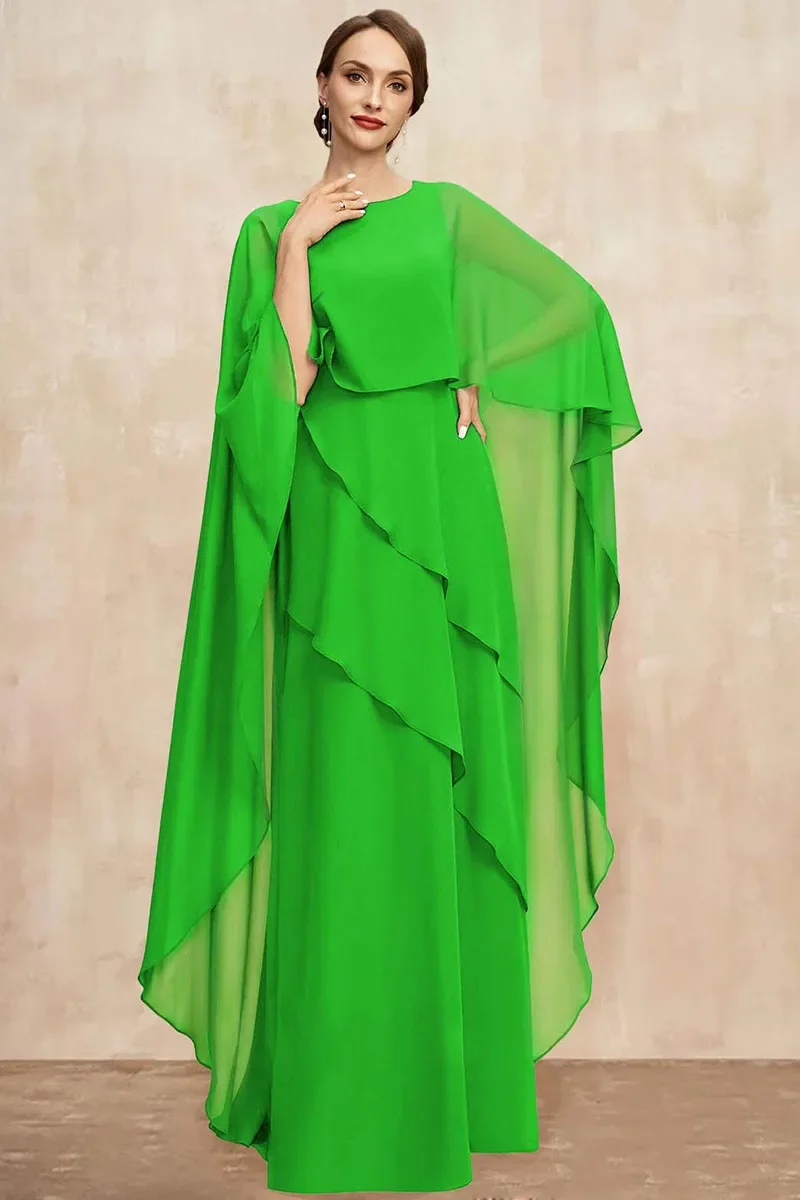 

Women Chiffon Batwing Cape Sleeve Tiered Asymmetric Trim Gowns Maxi Dress Elegant O-Neck Cocktail Wedding Guest Long Dress