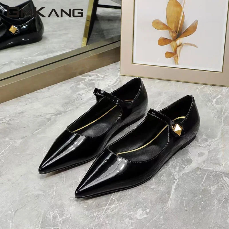 

Autumn New Flat Shoes Women Patent Leather Pointed Toe Elastic Band Mary Janes Shoes Ladies Comfort Runway Party Shoes Woman