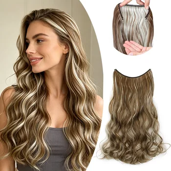 18Inch Synthetic Long Wavy Curly Halo Hair Invisible Fish Line Hair Extensions Heat Resistant Fiber Hairpiece For Women