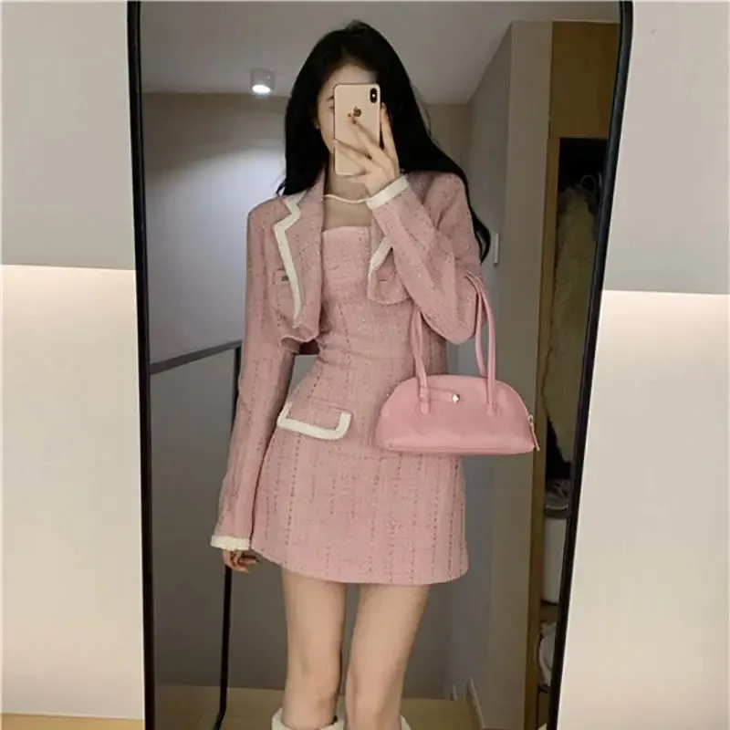 한국 대비 색상 세트 재킷, 스트랩리스 힙 랩 원피스 투피스 세트, 여성 패션 격자 무늬 스파이시 걸, 짧은 슬림 용수철 세트 