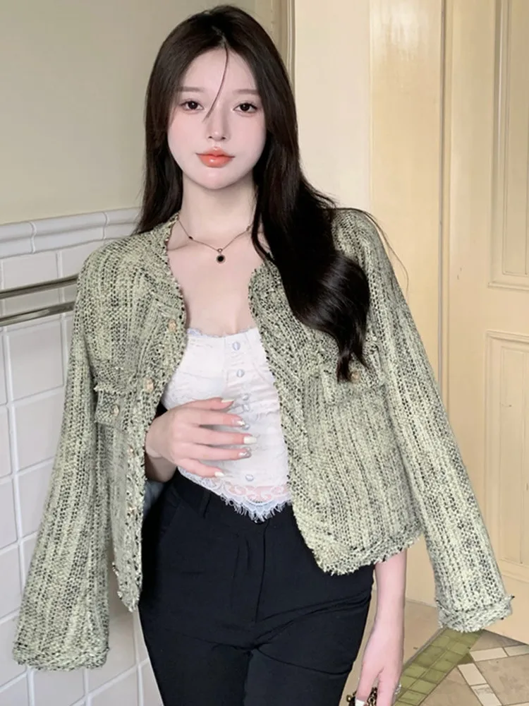 

High-Quality New Autumn Small Fragrance Tweed Short Coat Women's Green Single Breasted Woolen Outerwear Top