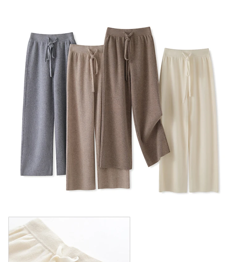 بنطلون نسائي جديد من الصوف الميرينو 100٪ بتصميم مستقيم الساق للربيع والخريف، سميك وعملي بخصر مرتفع وفضفاض، بنطلون محبوك واسع الساق