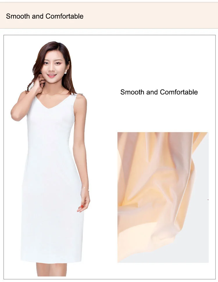 Description Picture 5 of itemSeamless Full Slips Women Petticoat Underskirt Plus Size Sexy V/U Neck Sleeveless Ice Silk Ultra Thin Dresses Women Fashion Ootd