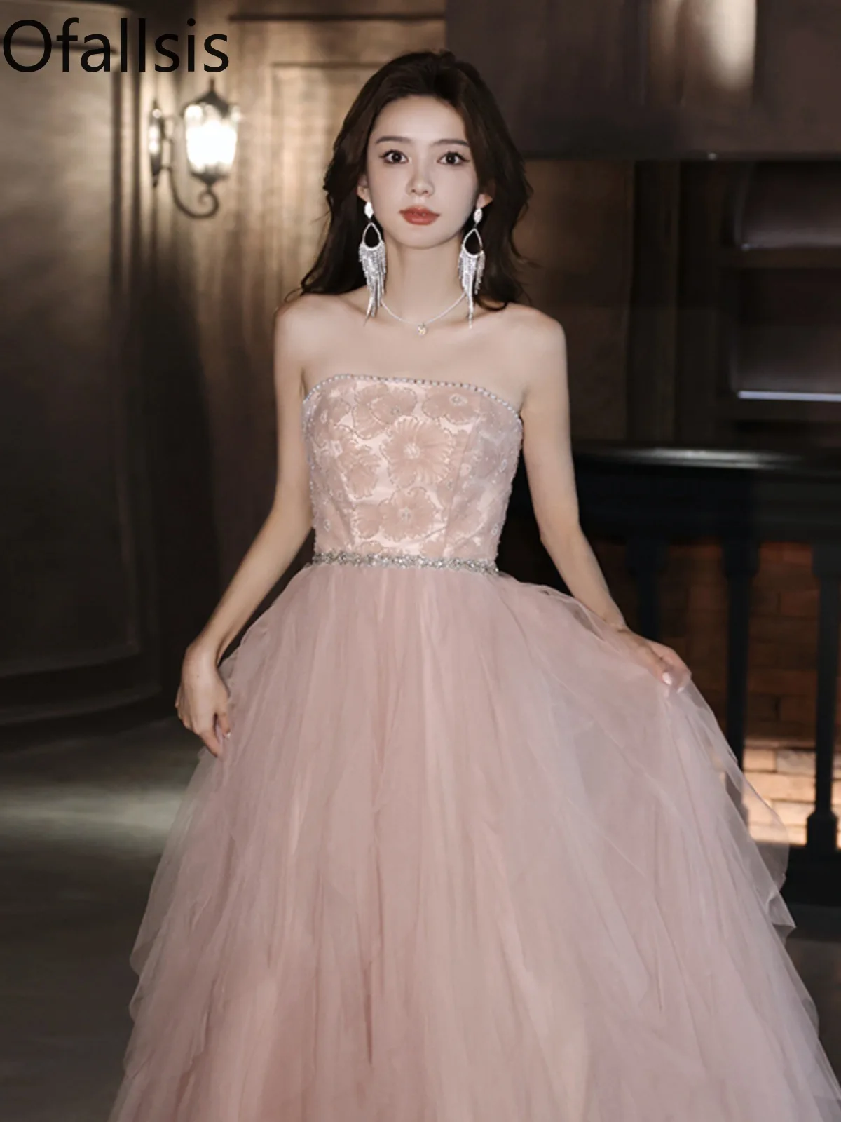 

Ofallsis High End Strapless Floral Pink Evening Gown Engagement Toasting Attire Annual Party Birthday Party Host Long Dresses