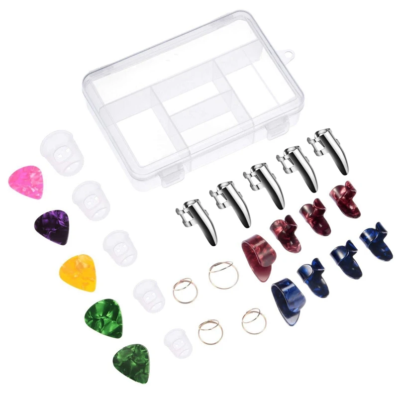 

Guitar Accessories Kit Including 18 Pieces Thumb And Finger Picks (3 Types),5 Pieces Clear Finger Protectors And 5 Pieces Standa