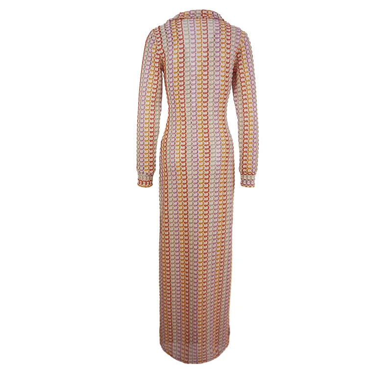 Crochet Dress y2k Clothes Women Geometric Print Turn Down Collar Long Sleeve Long Dresses Vintage Beach Party Dresses