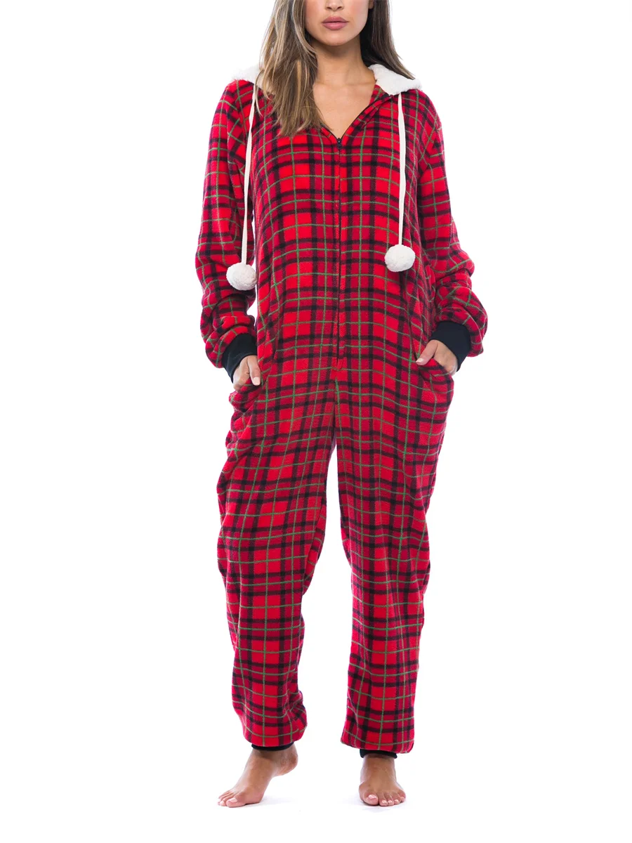 Christmas Jumpsuit Pajamas Women Plaid Print Warm Long Sleeve Sleepwear Xmas Cute Zipper Up Hooded Overall Rompers