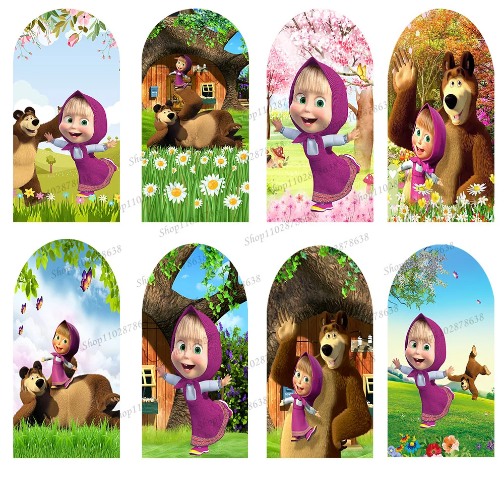 Mashas The Bear Arch Fondale Cover Girls Baby Shower Birthday Party Sfondi Daisy Trees Floral Elastic Wall Decoration