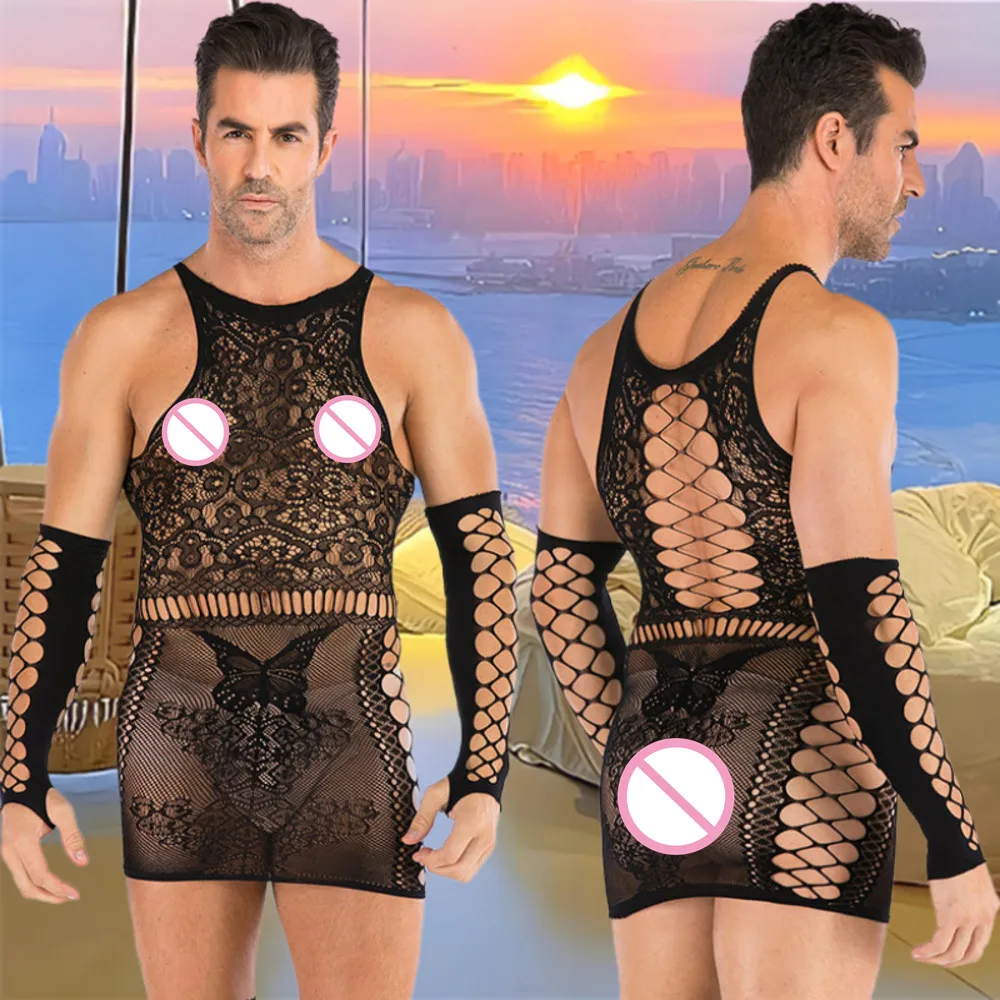 Mann Nachtclub Tragen einteiliges Männlichen Kurzen Rock Sissy Homosexuell Fishnet Bodycon Kleid Erwachsene Männliche Sex Spielzeug Transparent mini Kleid 1