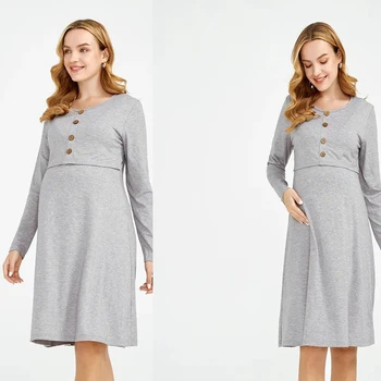 Ladies' Spring Summer Casual Solid-colored Long-sleeved Maternity Dress With Round Neck A-line Shape Nursing Function