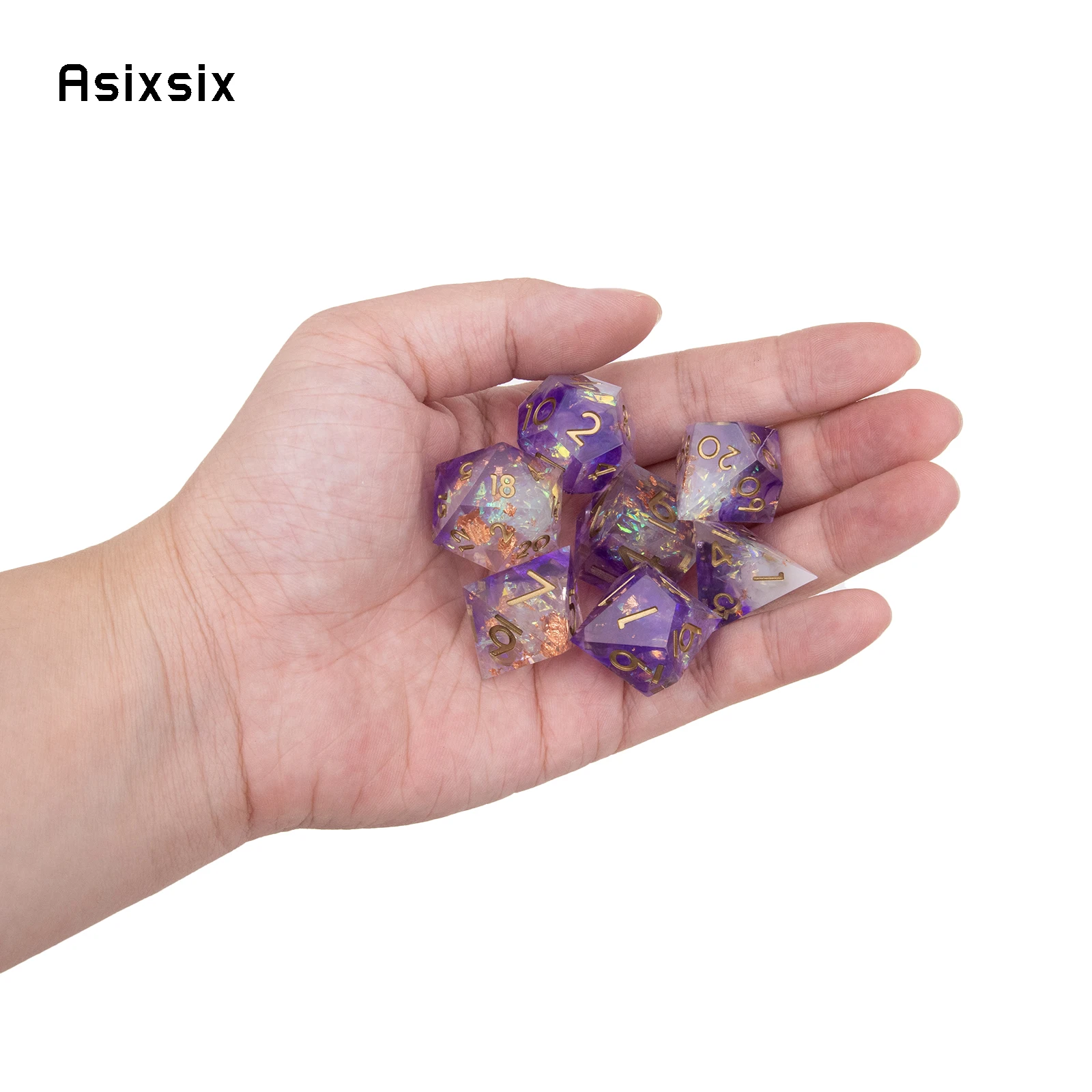 7 Pcs Purple White Resin Golden Number Sharp Edge Dice Polyhedral Dice Suitable for Role-Playing RPG Board Game