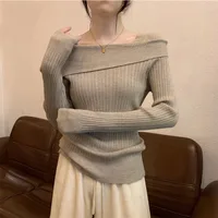 Solid Sexy Slim Off Shoulder Slash Neck Long Sleeve Knitting Sweater Women Jumpers Office Fashion New - Image 5