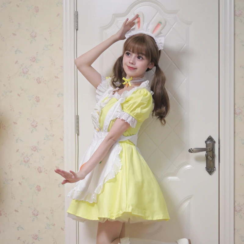 New Cosplay Yellow Color Maid Dress with Apron Coffee Servant Dress Up Square Neck Anime Lolita Cosplay Costume Women Uniform