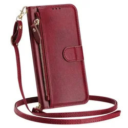 Crossbody Leather Zipper Wallet Case - Stylish Book Cover Design for Poco M8 5G (Red - Long Strap)