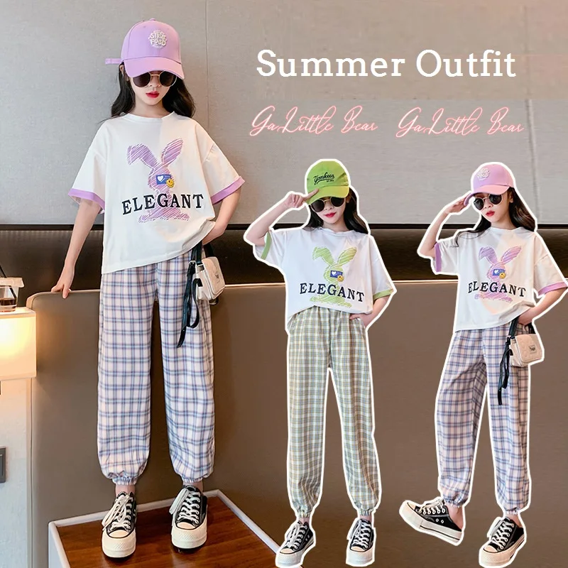 

Summer Casual Girls Cotton Contrast Lovely Cartoon t-Shirt Tops+Plaid Pant Sets School Kids Tracksuit Child 2PCS Outfit 5-16 Yrs