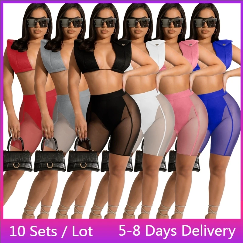 

Wholesale Items Sexy Outfits for Women Festival Clothing Bandage Crop Top and Sheer Mesh Shorts Set Clubwear Summer 2 Piece Set