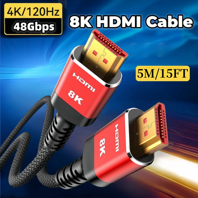 Cavi Lunghi 8K Hdmi 2.1 5M/15Ft 48Gbps Intrecciati Ad Alta Velocità Cord-4K @ 120Hz 8K @ 60Hz Compatibili Con Roku Tv/Ps5/Ps4/Rtx 3080 3090