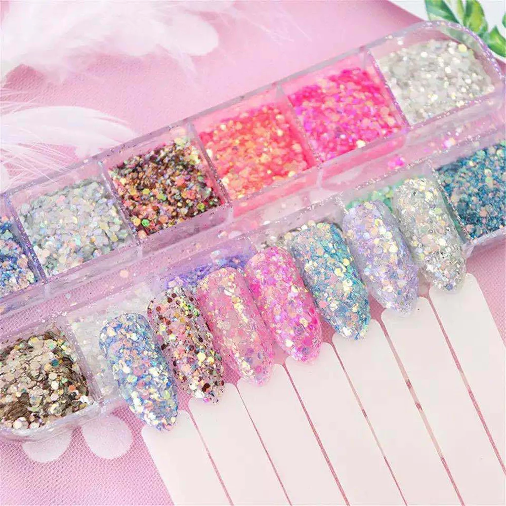 12Grid/Box Mermaid Sequins Nail Glitter Flakes Mixed Hexagon Sparkle Slices Paillette Decoration 3D Neon Manicure Accessory J67# 12 grids holographic glitter butterfly nail sequins valentines heart design 3d flakes mixed shape nail art decorations manicure