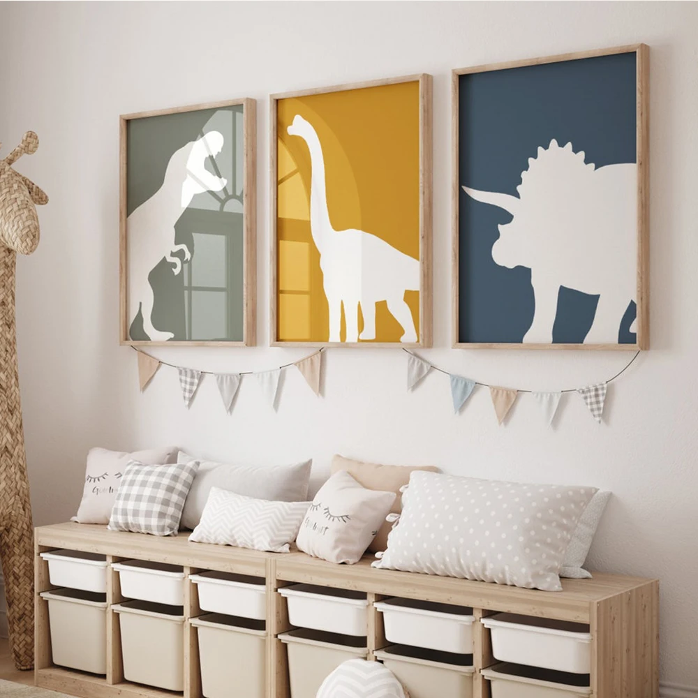 

Cute Animal Abstract Dinosaur Rhino Illustration Prints Canvas Painting Poster For Living Room Play Room Kids Room Home Decor
