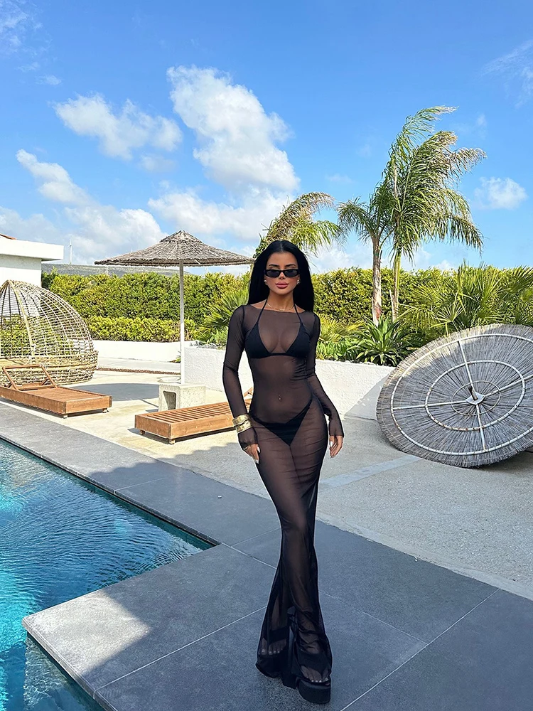 Summer Mesh Sheer Long Bikini Cover Ups for Women See Through Long Sleeve Beach Maxi Dresses Bathing Suits Beach Wear