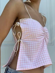 Women Gingham Cami Tank Top Sexy Sleeveless Backless Slim Fit Crop Top Tie Spaghetti Strap Ruched Camisole