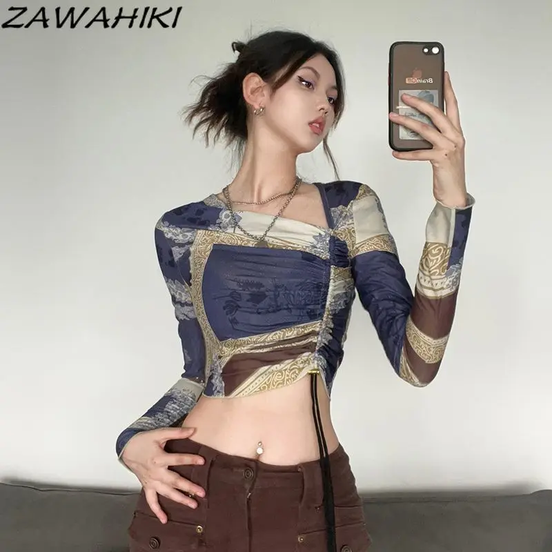 

ZAWAHIKI Shirts for Women French Vintage Skew Collar Patchwork Contrast Color Drawstring Y2K Aesthetic Slim Kpop Tops Mujer
