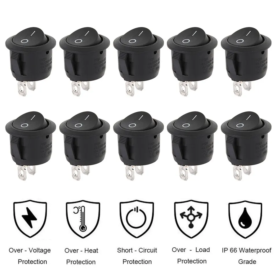 5x Rocker Switch Power ON OFF Round 21mm Snap-in SPST Black 2 Pin 12V