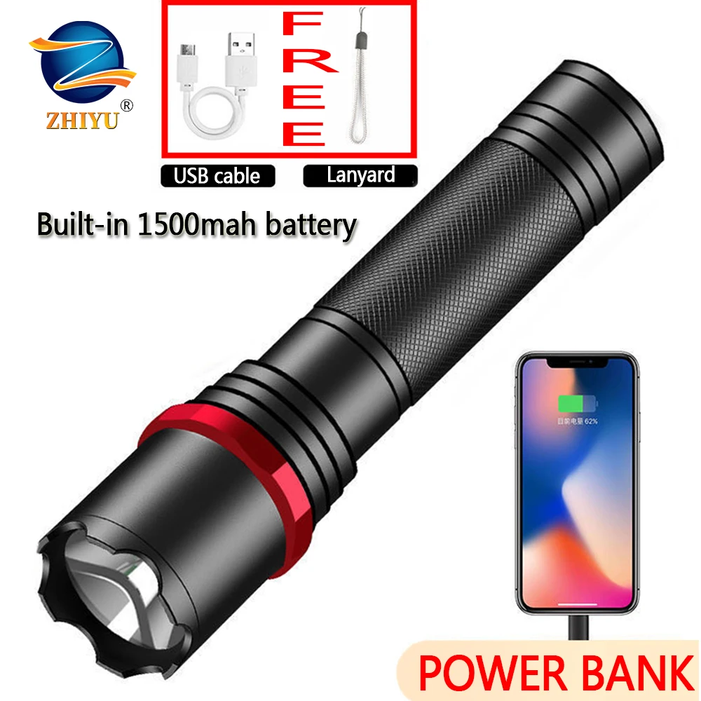 

ZHIYU High-power Rechargeable Flashlight Bright Led Linterna Led Torch T6 Power Bank Zoomable Bicycle Light for Cycling, Camping
