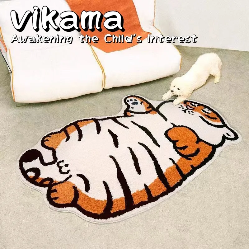 Floor Mat VIKAMA Faux Cashmere Fat Tiger Cartoon Shaped Floor Mat Children's Bedside Rug & Absorbent Bathroom