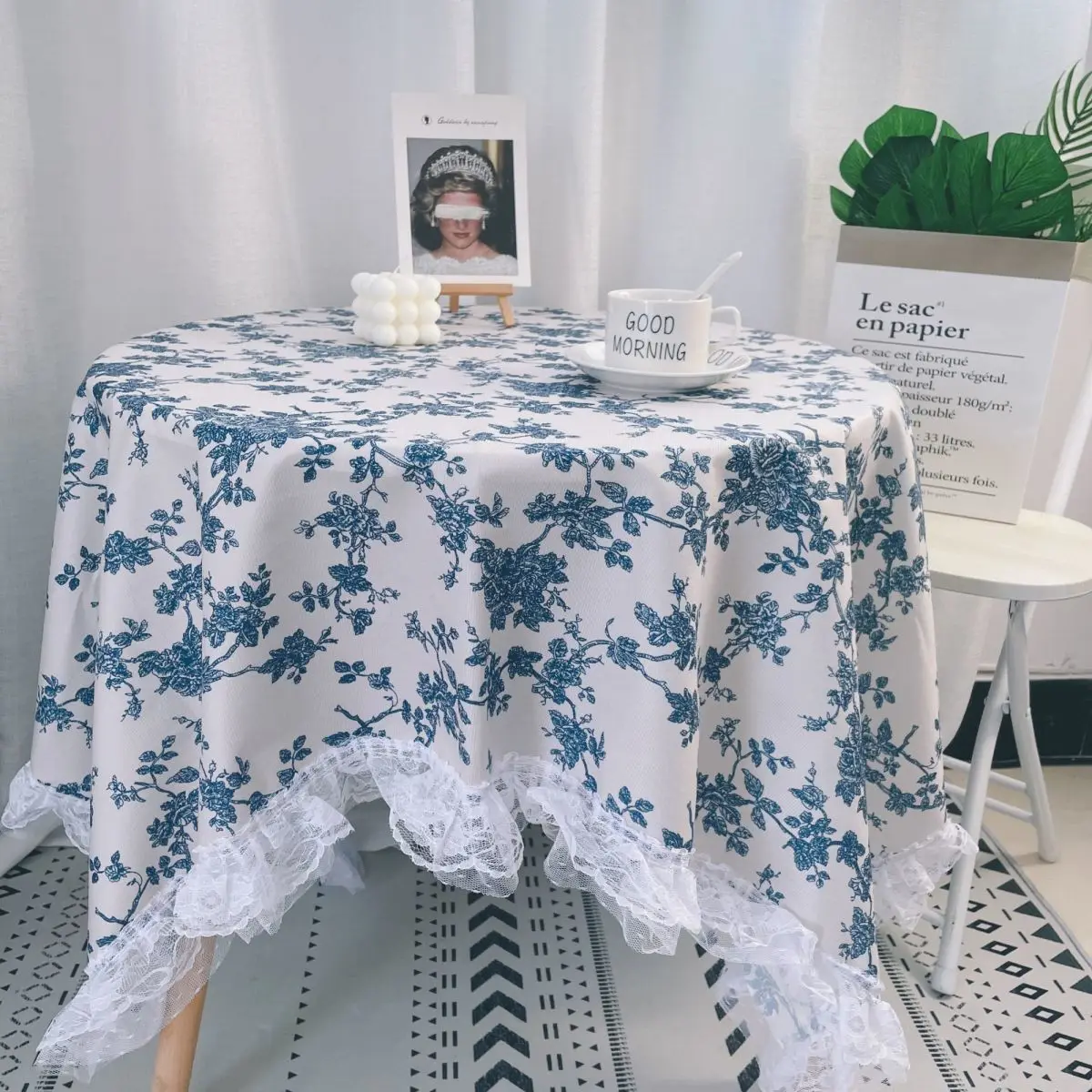 

French simple solid color tablecloth ins style round table bedroom bedside table small end table cover tablecloth